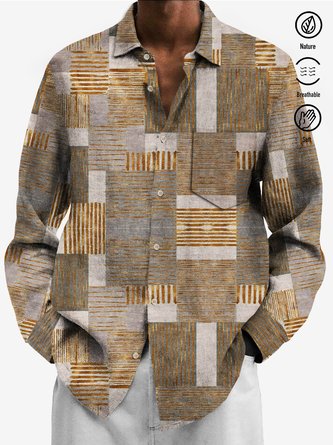 Royaura 50’s Vintage Mid-Century Geometric Khaki Men's Shirts Stretch Plus Size Aloha Camp Pocket Long Sleeve  Shirts