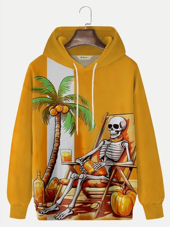 Royaura Men's Halloween Coconut Tree Skull Print Drawstring Hooded Sweatshirt
