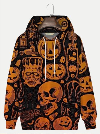 Royaura Men's Halloween Pumpkin Skull Print Drawstring Hooded Sweatshirt