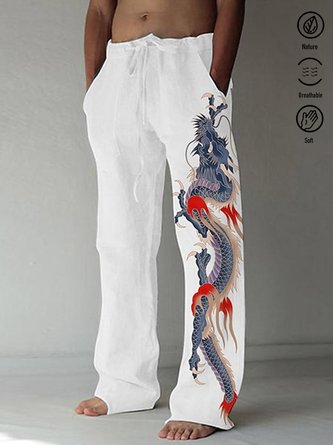 Royaura Beach Resort Men's Casual Pants Oriental Japanese Dragon Cotton Blend Breathable Comfort Trousers
