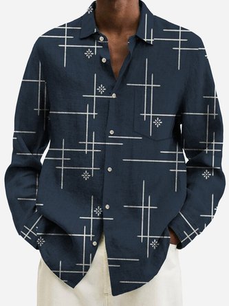 Royaura 50's Medieval Geometric Art Blue Men's Long Sleeve Shirts Stretch Plus Size Aloha Pocket Button-Down Shirts