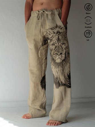 Royaura Retro Western Men's Pants Lion Indian Art Elastic Waist Breathable Comfort Animal Casual Pants
