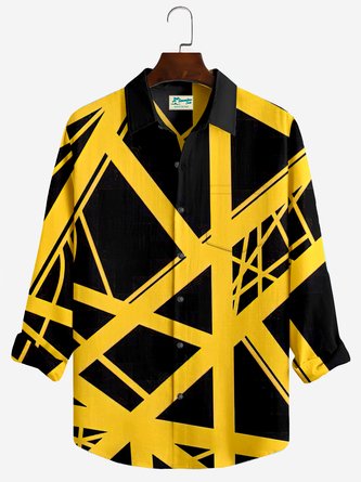 Royaura Contrast Color Geometric Men's Outdoor Camping Daily Oversize Button Pocket Long Sleeve Shirt