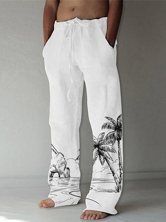 Royaura Beach Resort Coconut Tree Men's Casual Pants Jacquard Textured Stretch Plus Size Elastic Waistband Vintage Bottom
