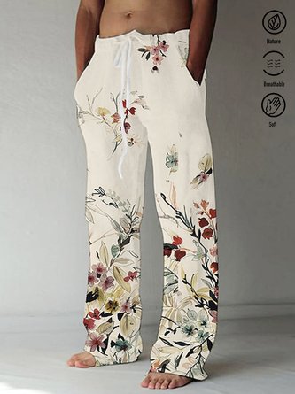 Royaura Beach Resort Floral Art Men's Casual Pants Jacquard Texture Stretch Large Size Elastic Waistband Vintage Bottom