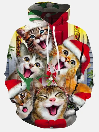 Royaura Holiday Christmas Red Men's Drawstring Hoodies Cat Stretch Plus Size Party Animal Pullover Sweatshirts