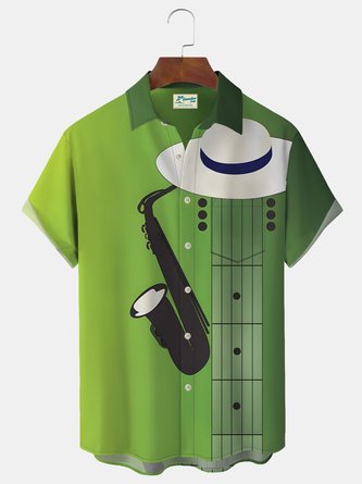 Royaura Music Print Men's Hawaiian Shirt Stretch Plus Size Aloha Camp Pocket Button-Down Shirt
