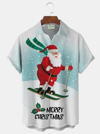 Royaura Men's Christmas Ski Print Button Pocket Shirt
