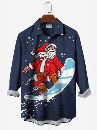 Royaura Men's Christmas Ski Print Button Pocket Long Sleeve Shirt