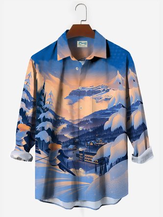 Royaura Men's Christmas Ski Print Button Pocket Long Sleeve Shirt