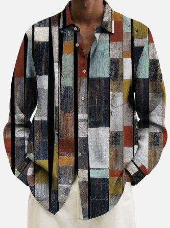 Royaura Vintage Mid-Century Geometric Men's Long Sleeve Shirts Stretch Aloha Plus Size Camp Pocket Button Patch Shirts
