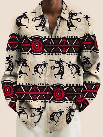 Royaura Vintage Aztec Kokopelli Art Men's Casual Long Sleeve Shirt Stretch Aloha Totem Plus Size Camp Pocket Button-Down Shirts