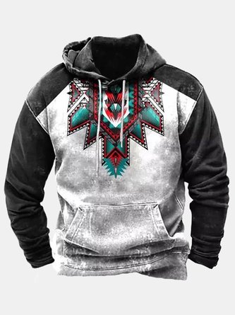 Royaura Vintage Western Cowboy Aztec Men's Drawstring Hoodies Stretch Large Size Camp Outdoor Pullover Sweatshirts