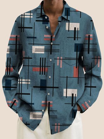 Royaura Vintage Aztec Geometric Art Men's Casual Long Sleeve Shirt Stretch Aloha Ethnic Totem Plus Size Camp Pocket Button-Down Shirts