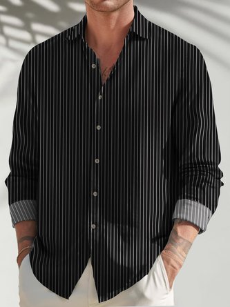 Royaura Basic Black and White Striped Men's Casual Long Sleeve Shirts Stretch Plus Size Aloha Camp Pocket Shirts