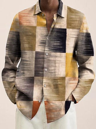 Royaura Geometric Art Men's Casual Long Sleeve Shirt Stretch Plus Size Camp Button-Down Shirt