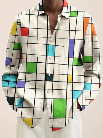 Royaura Geometric Art Contrast Color Men's Casual Long Sleeve Shirt Stretch Plus Size Camp Button-Down Shirt