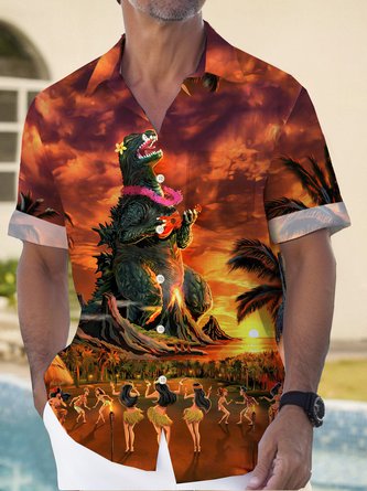 Royaura Hawaiian Godzilla Monster Print Men's Button Down Pocket Shirt