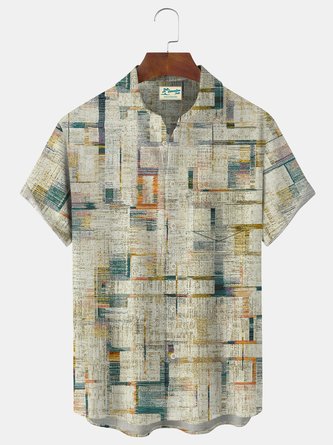 Royaura Men's Retro Geometric Ombre Print Button-Down Short Sleeve Shirt