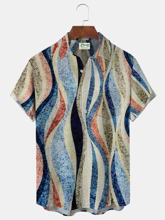 Royaura Men's Geometric Ombre Vintage Print Button Pocket Short Sleeve Shirt