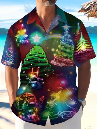 Mens Christmas Pine Tree Print Loose Short Sleeve Funky Hawaiian Shirts