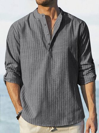 Royaura Holiday Beach Stand Collar Gray Men's Long Sleeve Striped Shirts Half Open Placket Stretch Plus Size Aloha Camp Shirts