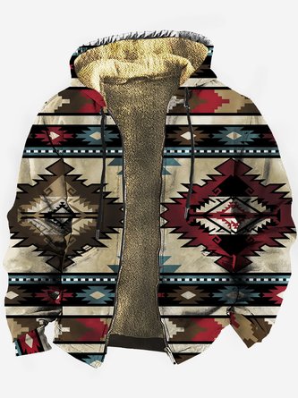 Royaura Retro Men's Drawstring Hoodie Aztec Ethnic Geometric Art Coral Fleece Warm Comfortable Sweatshirts Outdoor Zip Jackets
