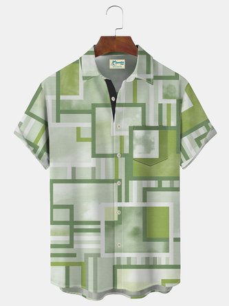 Royaura Men's Retro Geometric Print Button Pocket Shirt