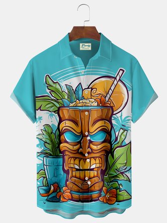 Royaura Tiki Coconut Tree Print Men's Button Pocket Short Sleeve Shirt