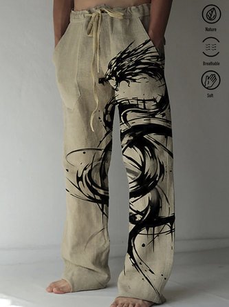 Royaura Men's Vintage Dragon Print Casual Pants