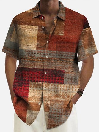 Royaura 50’s Retro Mid-Century Geometric Red Men's Aloha Shirts Stretch Oversized Pocket Button Camp Shirts
