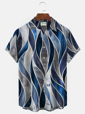 Royaura 50’s Vintage Mid-Century Geometric Blue Men's Casual Shirts Stretch Oversized Pocket Camp Shirts