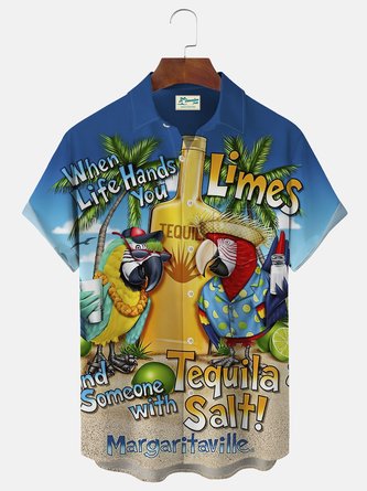 Royaura Beach Vacation Blue Men's Hawaiian Shirts Parrot Stretch Wrinkle Free Seersucker Aloha Pocket Camp Shirts