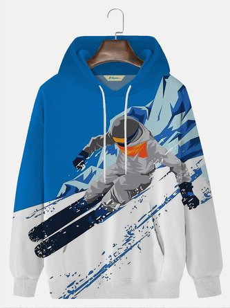 Royaura Outdoor Ski Blue Drawstring Hoodie Cartoon Art Stretch Plus Size Pullover Sweatshirts