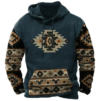 Royaura Vintage Western Cowboy Aztec Men's Drawstring Hoodies Stretch Large Size Camp Outdoor Pullover Sweatshirts
