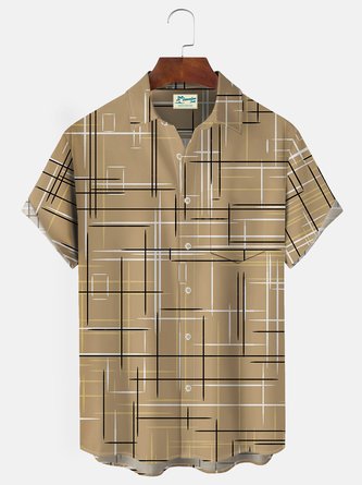 Royaura 50's Vintage Mid-Century Geometric Khaki Men's Hawaiian Shirts Stretch Plus Size Aloha Pocket Camp Shirts