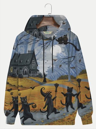 Royaura Halloween Cartoon Black Cat Castle Men's Drawstring Hoodies Stretch Plus Size Holiday Pullover Sweatshirts