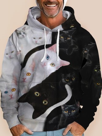 Royaura Men's Cat Print Drawstring Hooded Sweatshirt