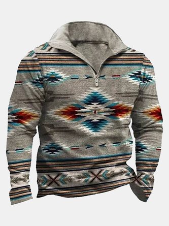 Royaura Vacation Vintage Aztec Stand-up Collar Half-zip Sweatshirts Western Ethnic Geometric Men's Warm Comfortable Pullover Tops