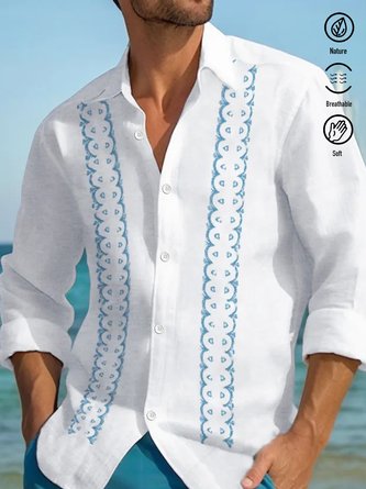 Royaura Beach Holiday White Men's Guayabera Shirt Geometric Stretch Plus Size Breathable Aloha Camp Pocket Shirts