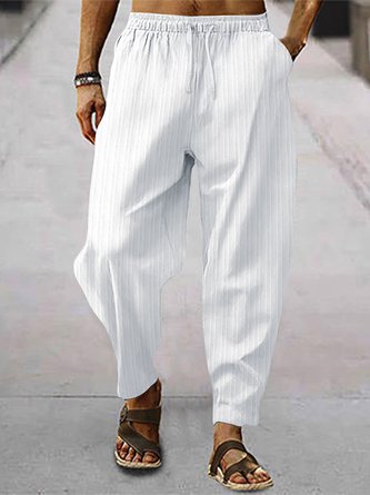 Royaura Beach Holiday Men's White Casual Stripe Pants Breathable Comfortable Elastic Waistband Trousers