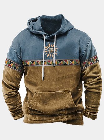 Royaura Vintage Aztec Ethnic Geometric Western Drawstring Hoodies Outdoor Men's Oversized Stretch Pullover Sweatshirts
