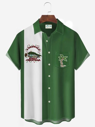 Royaura Christmas Green Vintage Men's Bowling Shirts Stretch Plus Size Aloha Pocket Button Camp Shirts