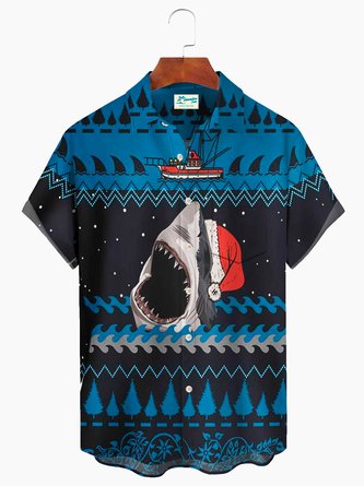 Royaura Men's Christmas Sharks Are Here Hawaiian Shirt Stretch Aloha Pocket Cartoon Camping Shirt