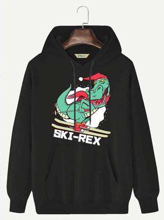 Royaura Outdoor Ski Black Drawstring Hoodies Fun Christmas Dinosaur Ski-Rex Cartoon Pullover Sweatshirts