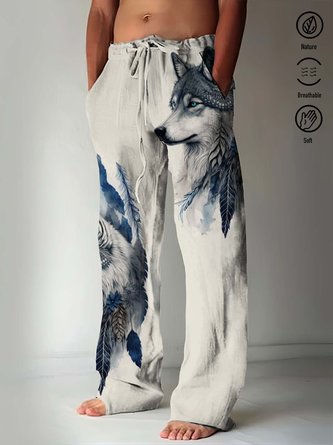 Royaura 50's Vintage Western Khaki Men's Casual Trousers Wolf Totem Breathable And Comfortable Animal Casual Pants
