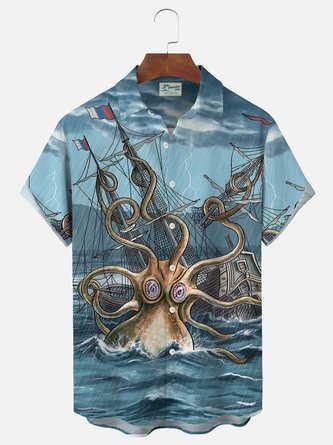 Royaura Vintage Nautical Octopus Print Men's Button-Pocket Shirt