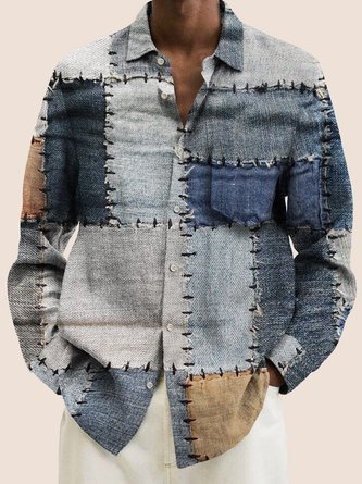 Royaura Vintage Mid-Century Patch Print Men's Long Sleeve Shirts Warm Comfortable Camp Pocket Button-Down Shirts Big Tall