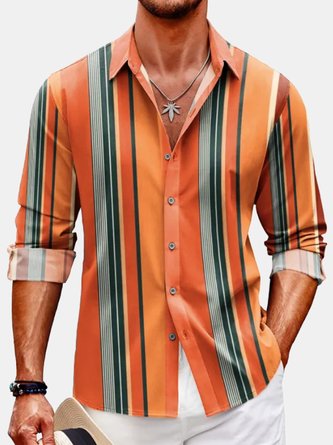 Royaura Orange Striped Men's Long Sleeve Shirt Wrinkle Resistant Easy Care Basic Camp Shirt Big Tall