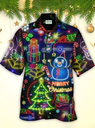 Royaura Holiday Neon Christmas Men's Hawaiian Shirts Snowman Stretch Wrinkle Free Aloha Camp Pocket Christmas Tree Shirts